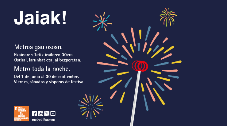 Imagen de un báculo de Metro Bilbao con fuegos artificiales 