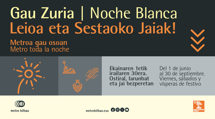Cartel del servicio especial de Metro Bilbao por la Noche Blanca y las fiestas de Leioa y Sestao