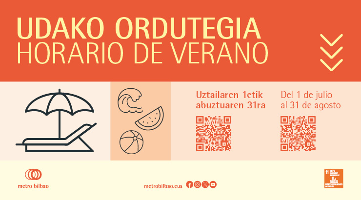 Cartel informativo del horario de verano, con fondo naranja y crema, ilustraciones veraniegas y las fechas de servicio.